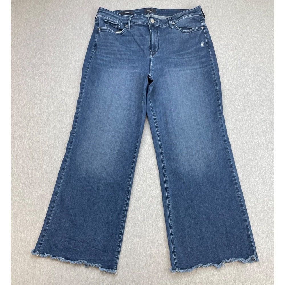 NYDJ Jeans Womes 14 Blue Cotton Blend Stretch Teresa Wide Leg Frayed Hem